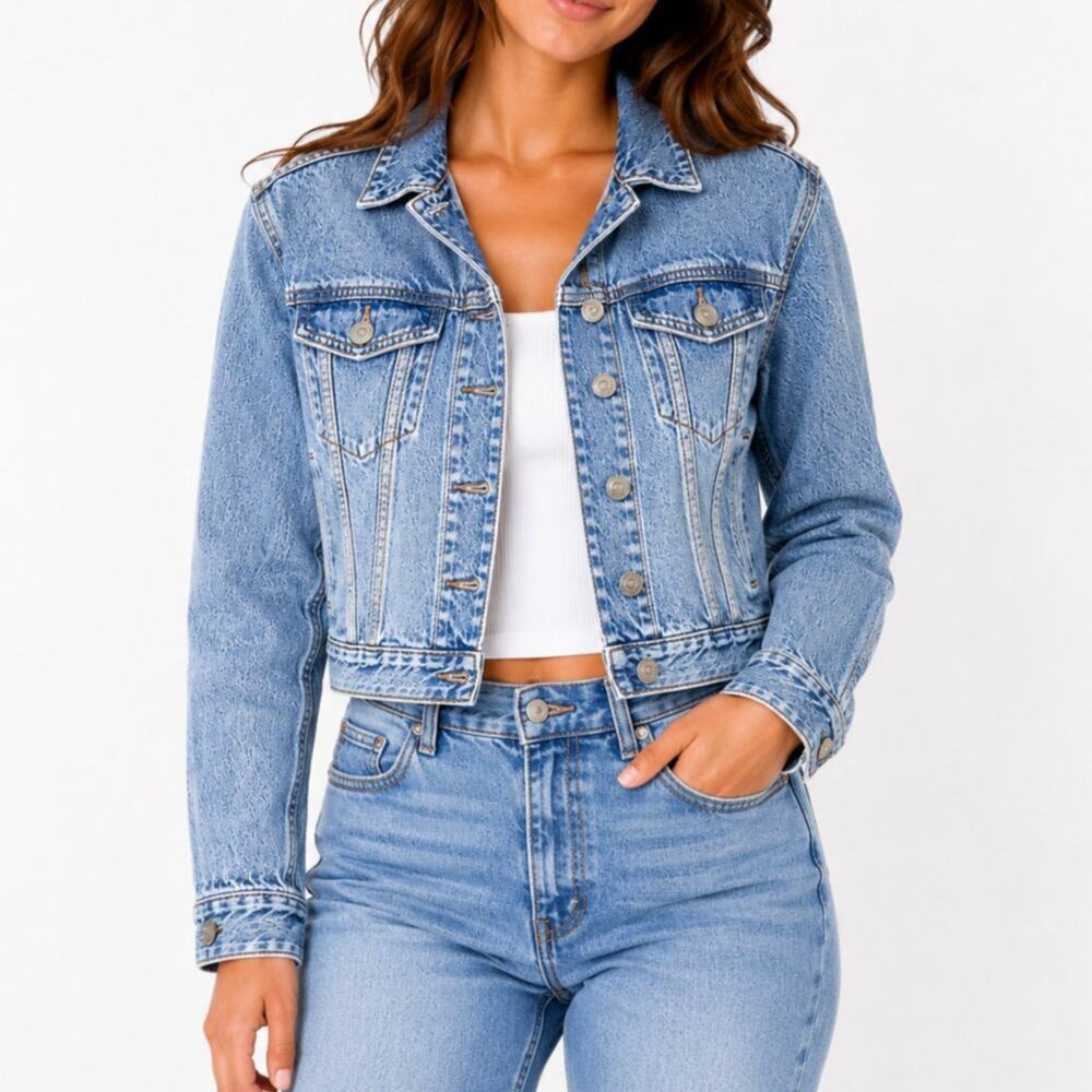American Eagle Light Wash Distressed Cropped Denim Jacket